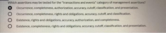  Which assertions may be tested for the "transactions and events" category