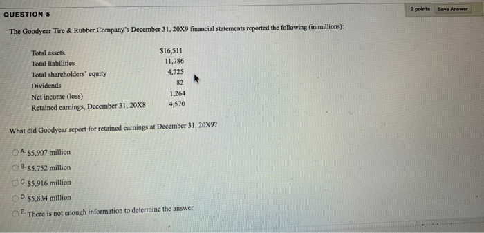  2 points Save Answer QUESTION 5 The Goodyear Tire & Rubber