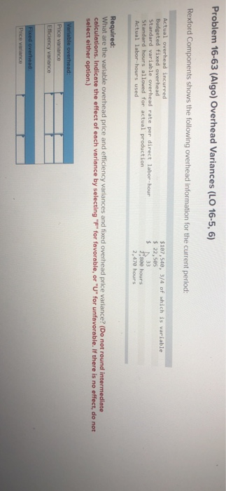 help Problem 16-63 (Algo) Overhead Variances (LO 16-5, 6) Rexford Components shows