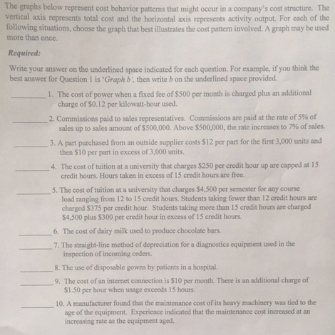  Please match the graphs. The graphs below represent cost behavior patterns