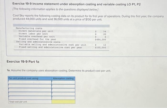  Exercise 19-9 Income statement under absorption costing and variable costing LO