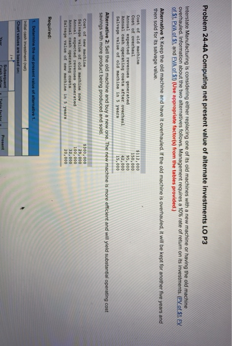  Problem 24-4A Computing net present value of alternate investments LO P3