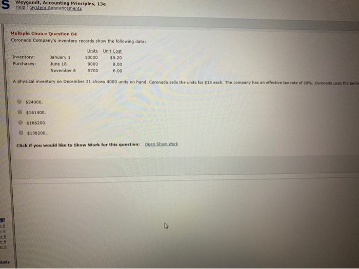  Help System Announcements Multiple Choice Question 84 Coronado Company's inventory records