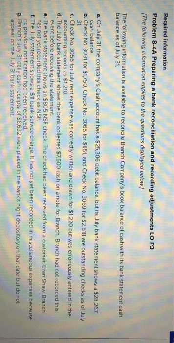  Required information Problem 8-4A Preparing a bank reconciliation and recording adjustments