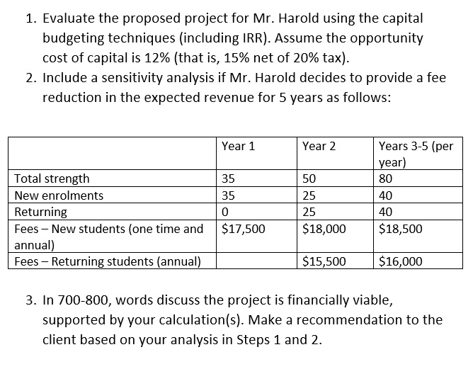 1. Evaluate the proposed project for Mr. Harold using the capital
