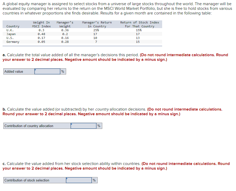 A global equity manager is assigned to select stocks from a