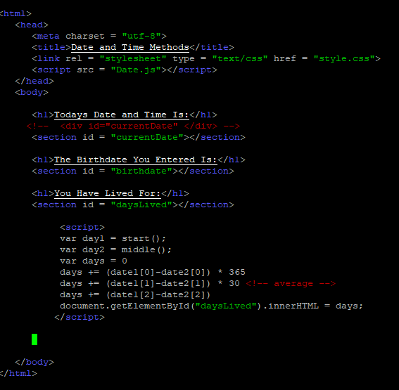 QUICK JAVASCRIPT QUESTION: Can somone please show me why the document.getElementById("daysLived"") isnt