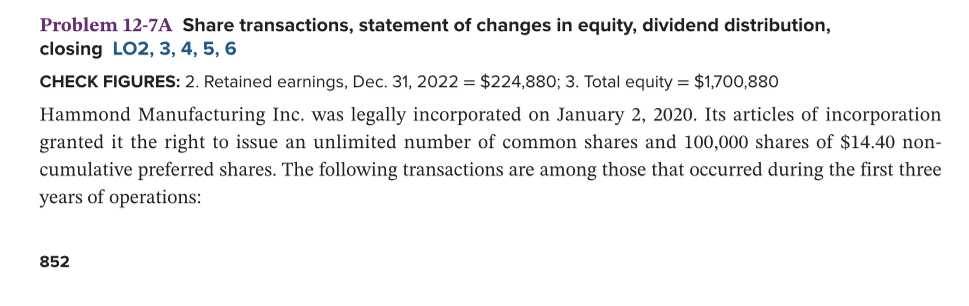 Problem 12-7A Share transactions, statement of changes in equity, dividend distribution,