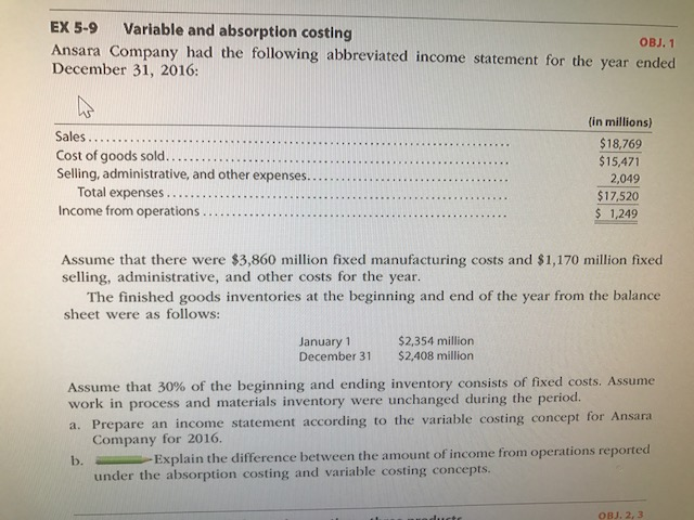  EX 5-9 Variable and absorption costing OBJ. 1 Ansara Company had