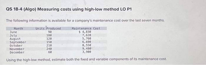  QS 18-4 (Algo) Measuring costs using high-low method LO P1 The