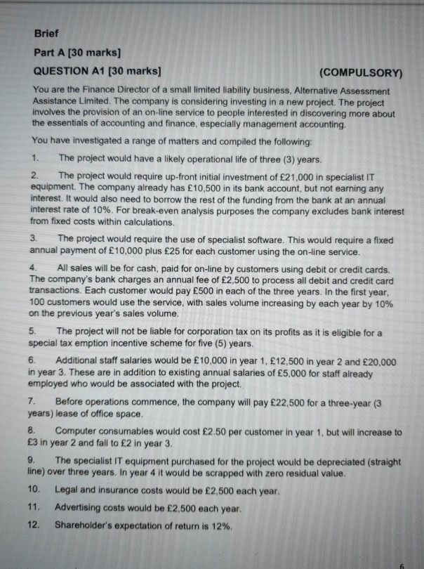  Brief 4. Part A [30 marks] QUESTION A1 [30 marks] (COMPULSORY)