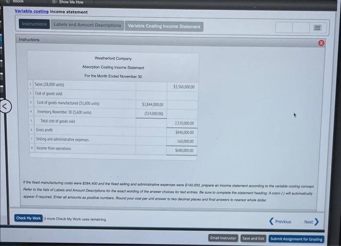  CBOOK Show Me How Variable costing income statement Instructions Labels and