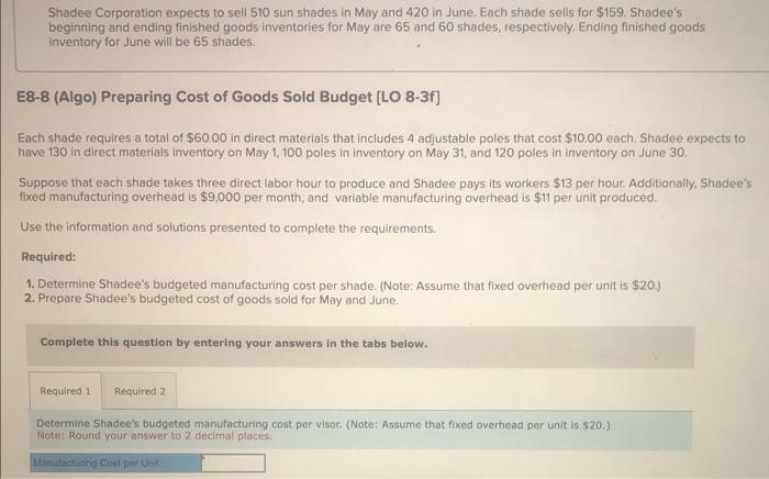 June. Each shade sells for $159. Shadee's beginning and ending finished goods