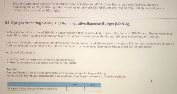 inventory for June will be 65 shades. E8-6 (Algo) Preparing Direct Materials