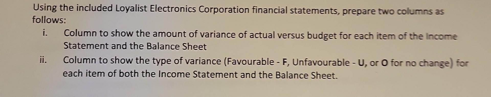 just balance sheet info needed Using the included Loyalist Electronics Corporation
