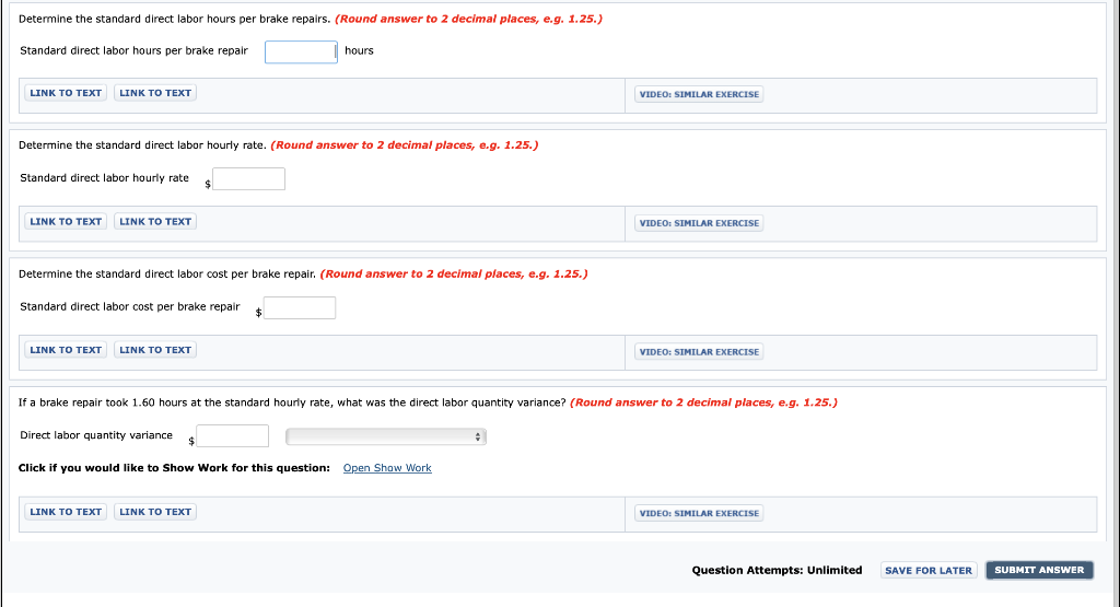 standard labor cost of a typical brake repair. The following data have