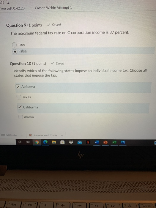  er 1 ime Left:0:42:23 Carson Webb: Attempt 1 Question 9 (1
