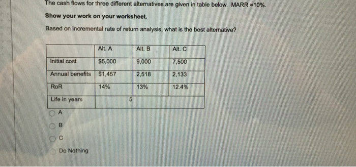 Rate of return analysis The cash flows for three different alternatives are