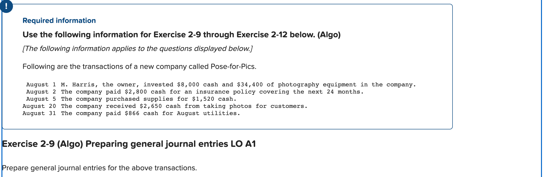  Required information Use the following information for Exercise 2-9 through Exercise