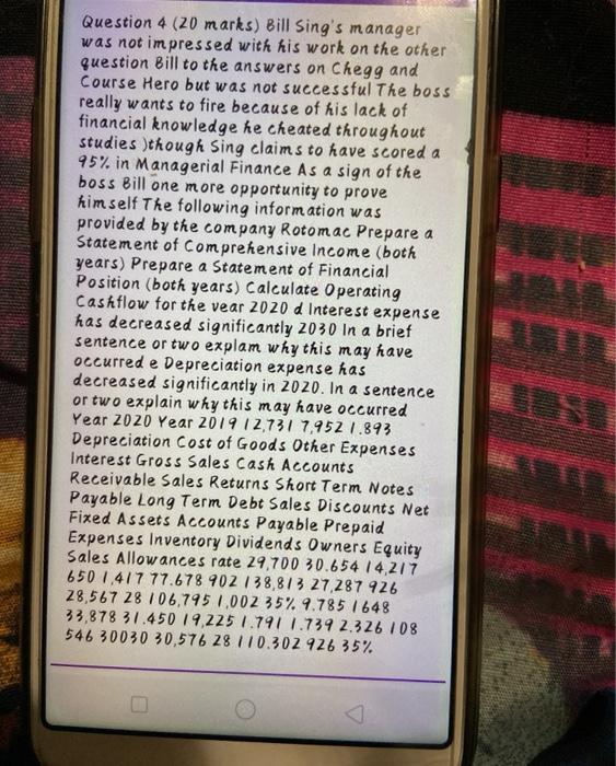  Question 4 (20 marks) Bill Sing's manager was not impressed with