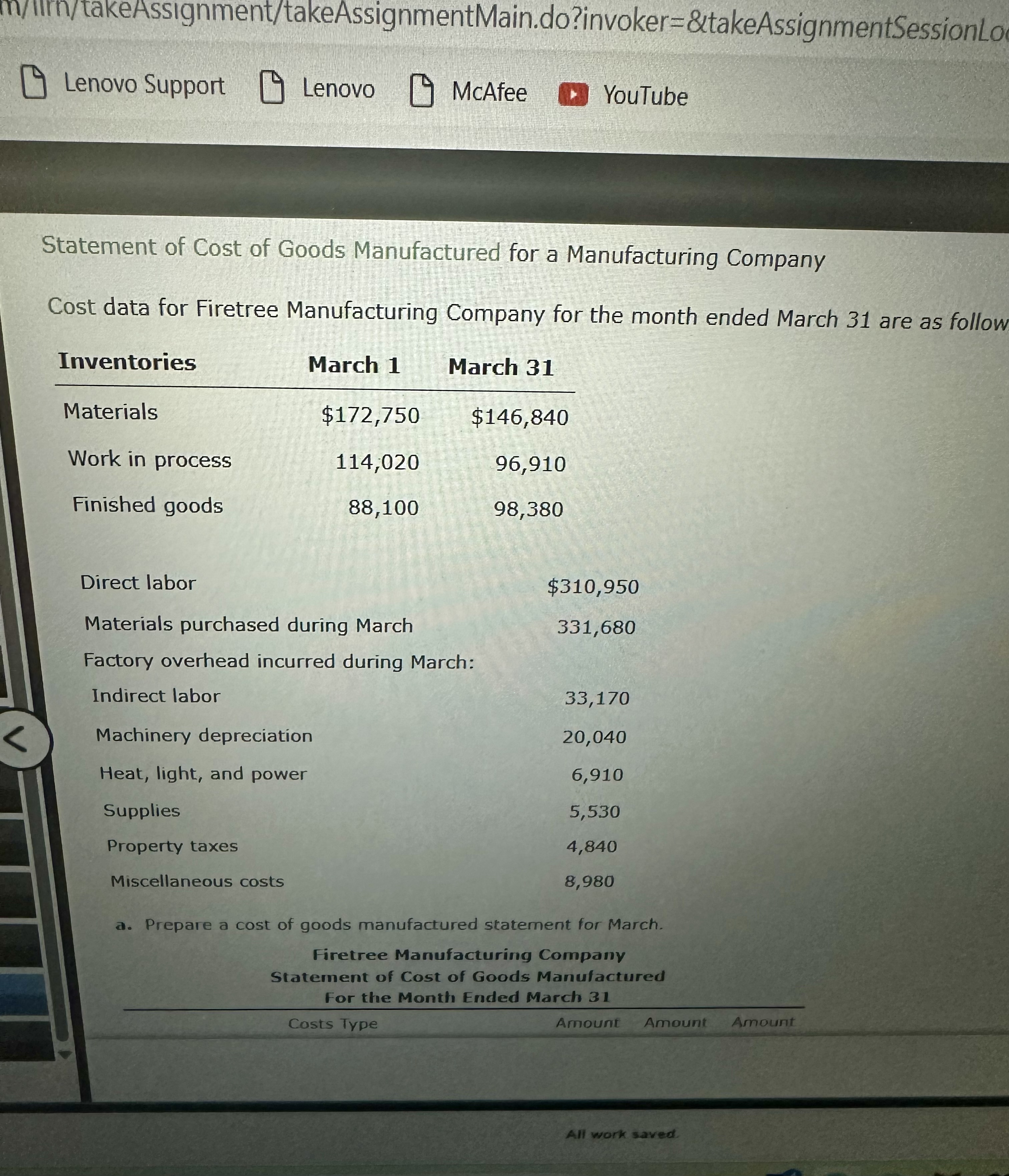  m/ilm/takeAssignment/takeAssignmentMain.do?invoker=&takeAssignmentSessionLo Lenovo Support Lenovo McAfee YouTube Statement of Cost of Goods