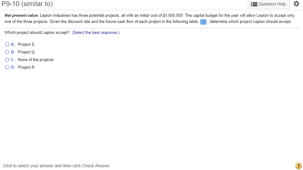 P9-10 (similar to) Question Help O Net present value. Lepton Industries