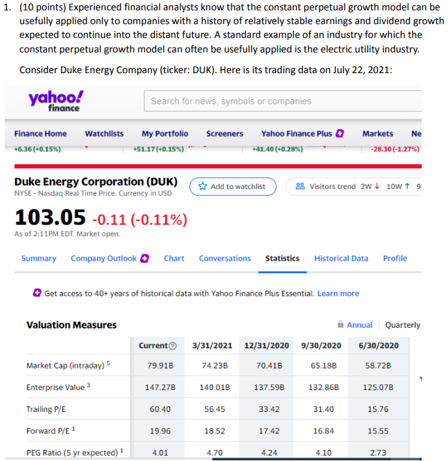 1. (10 points) Experienced financial analysts know that the constant perpetual