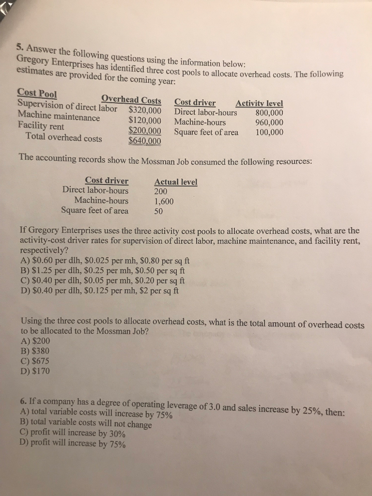  5. Answer the following questions using the information below gory Enterprises