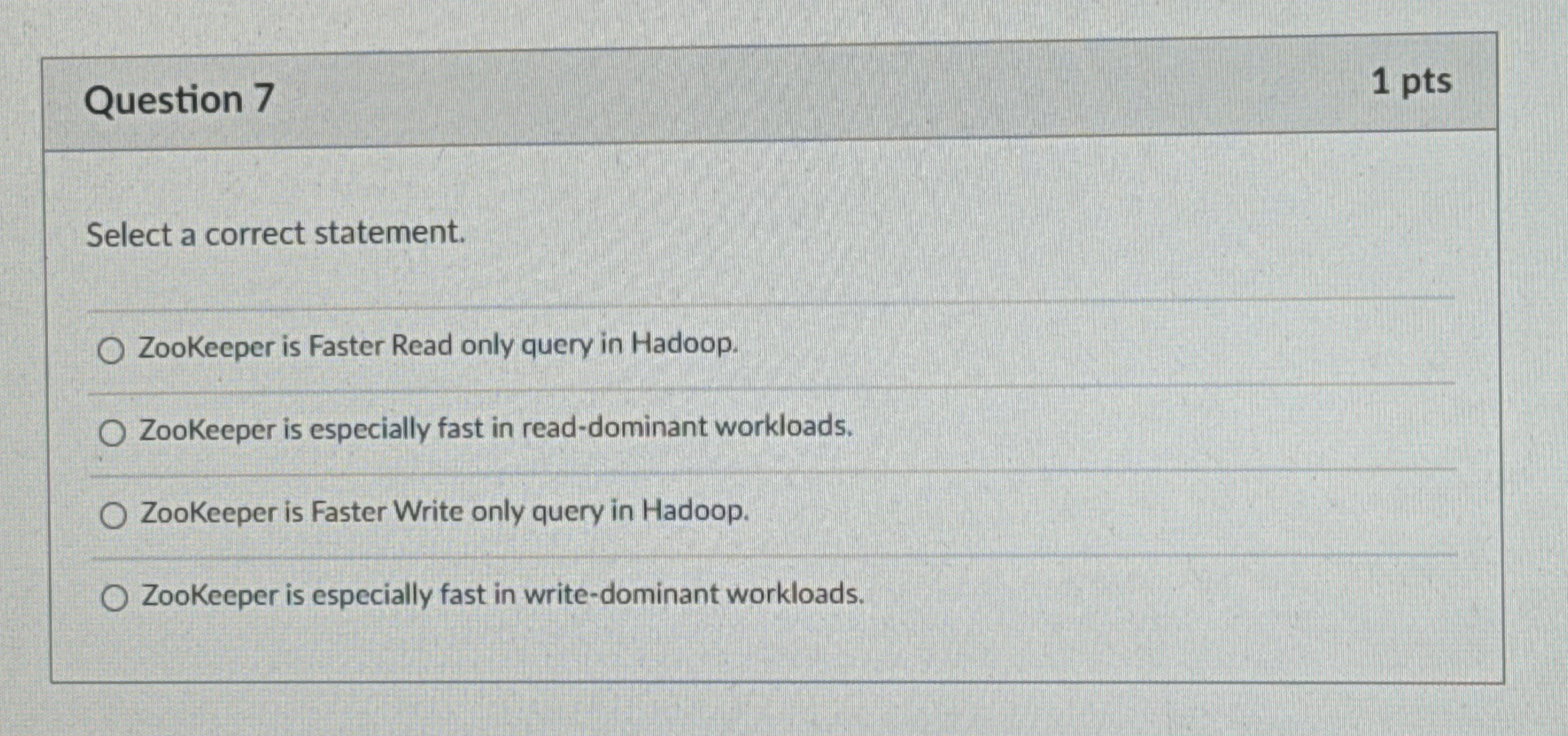  Question 7 1 pts Select a correct statement. ZooKeeper is Faster