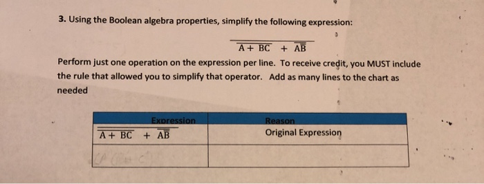  3. Using the Boolean algebra properties, simplify the following expression: A+