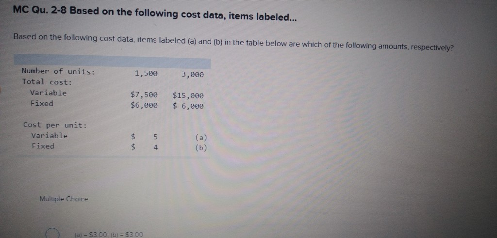  MC Qu. 2-8 Based on the following cost data, items labeled...