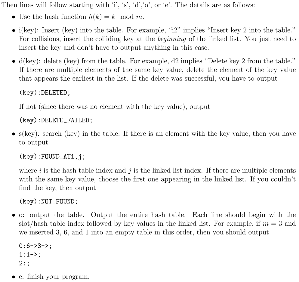 C++ Hash Table with Chaining: Example of input and output The following