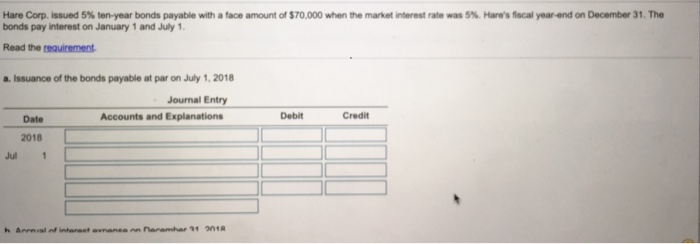  Hare Corp. issued 5% ten-year bonds payable with a face amount