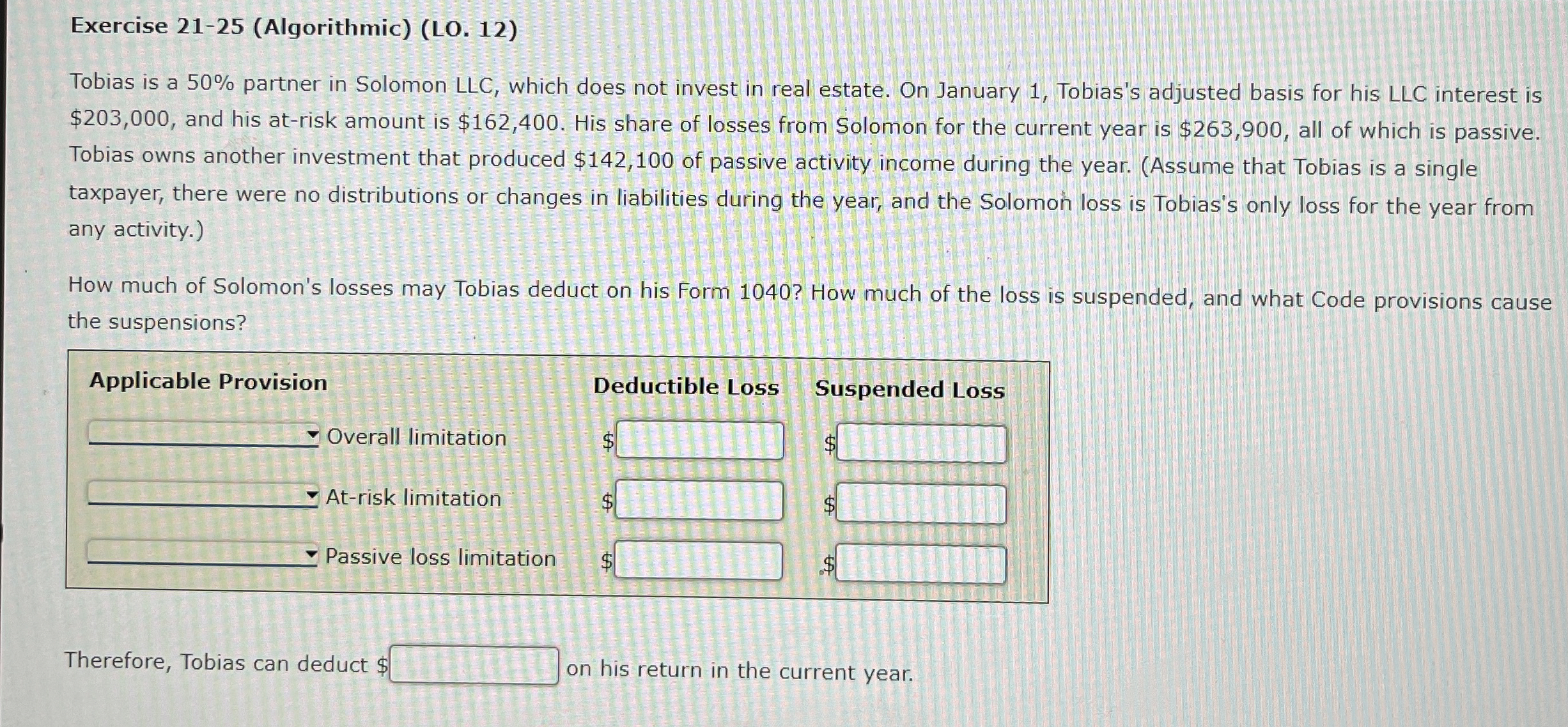  Exercise 21-25(Algorithmic)(LO.12) Tobias is a 50% partner in Solomon LLC, which