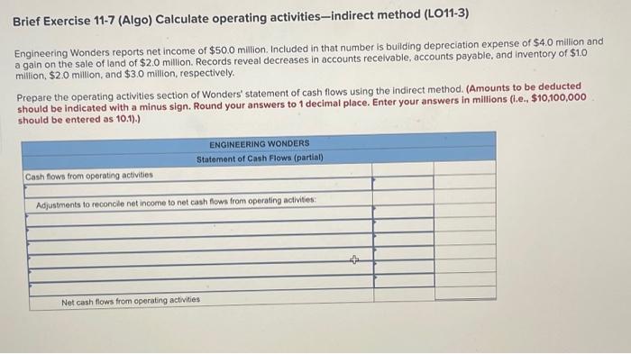  Brief Exercise 11-7 (Algo) Calculate operating activities-indirect method (LO11-3) Engineering Wonders