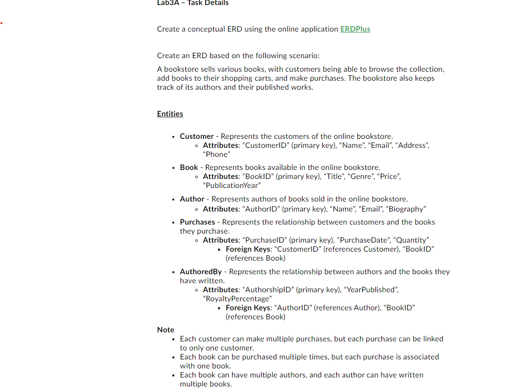  Lab3A - Task Details Create a conceptual ERD using the online