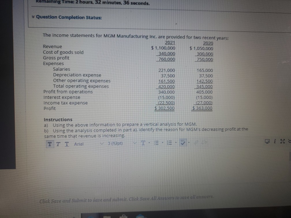 Remaining Time: 2 hours. 32 minutes, 36 seconds. Question Completion Status: