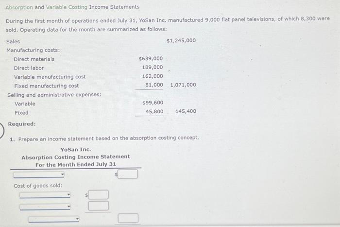  Absorption and Variable Costing Income Statements During the first month of