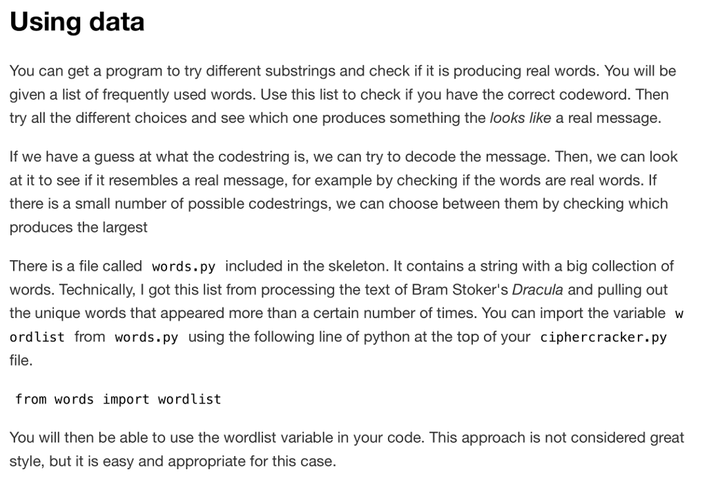 Cipher: def __init__(self, codestring): alphabet = "ABCDEFGHIJKLMNOPQRSTUVWXYZ" self.codestring = codestring.upper() code =