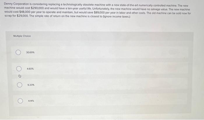  Denny Corporation is considering replacing a technologically obsolete machine with a