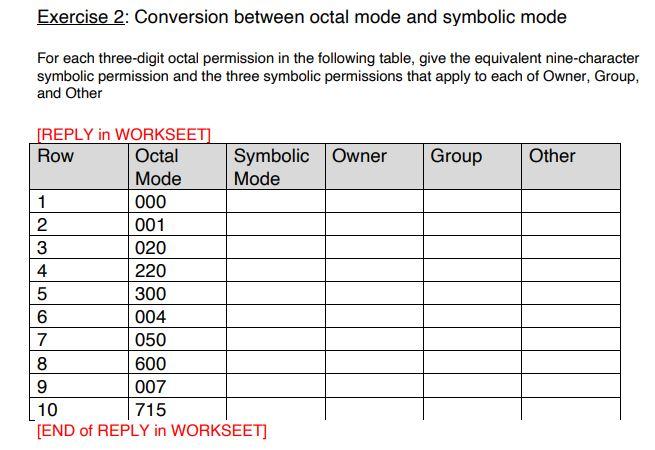  Exercise 2: Conversion between octal mode and symbolic mode For each