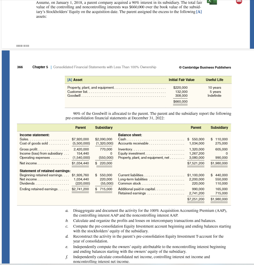  Assume, on January 1,2018, a parent company acquired a 90% interest
