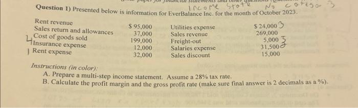  Question 1) Presented below is information for EverBalance Inc. for the
