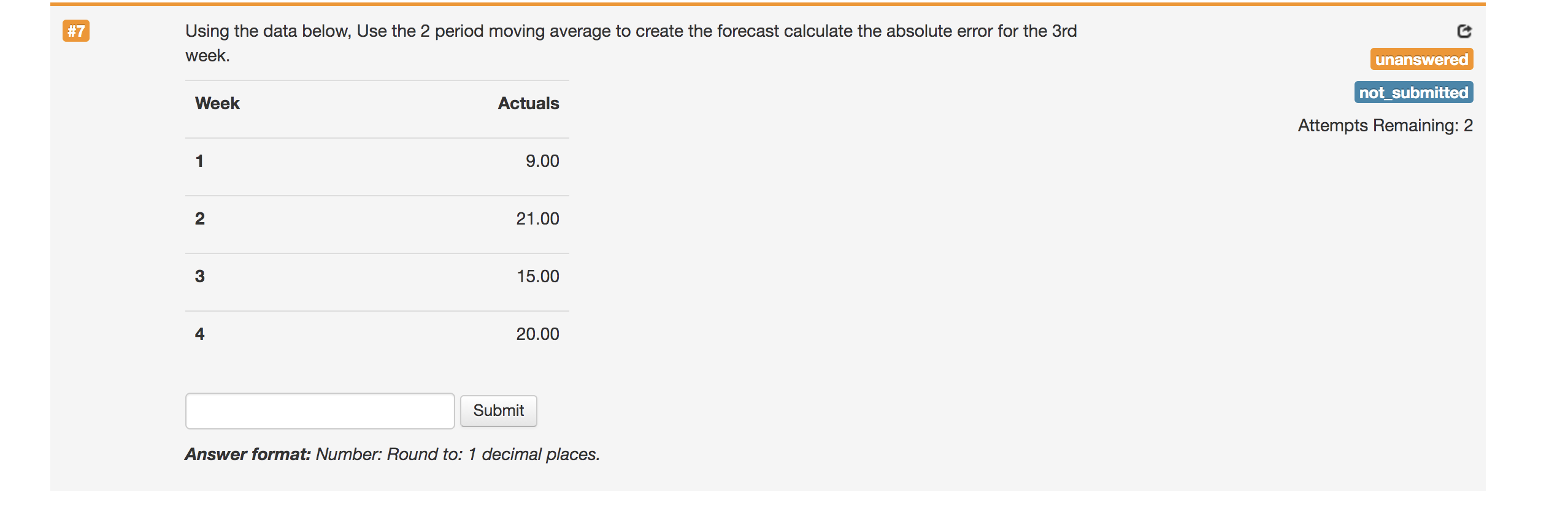 #7 Using the data below, Use the 2 period moving average