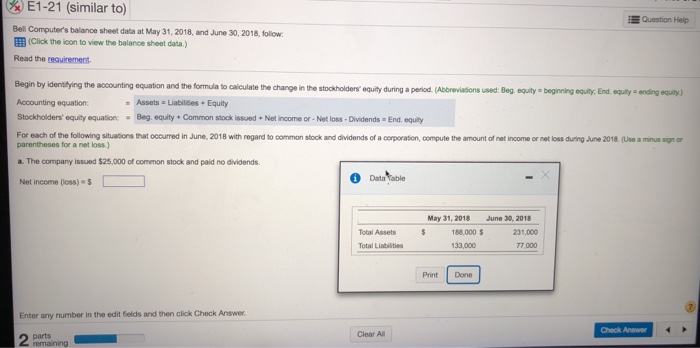  E1-21 (similar to) EQuestion Help Bell Computer's balance sheet data at