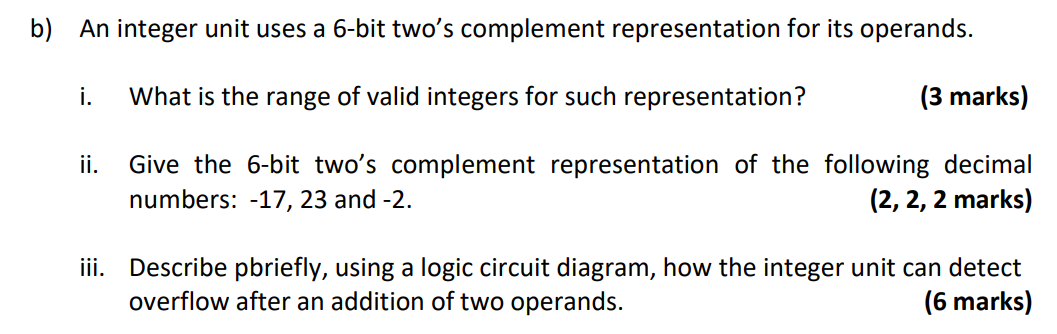  b) An integer unit uses a 6-bit two's complement representation for