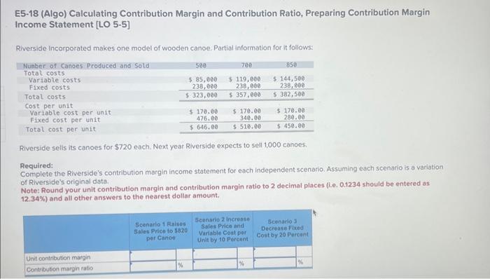  E5-18 (Algo) Calculating Contribution Margin and Contribution Ratio, Preparing Contribution Margin