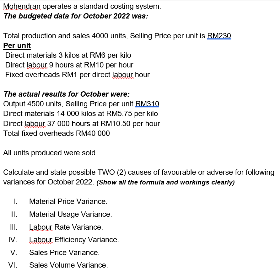  Mohendran operates a standard costing system. The budgeted data for October