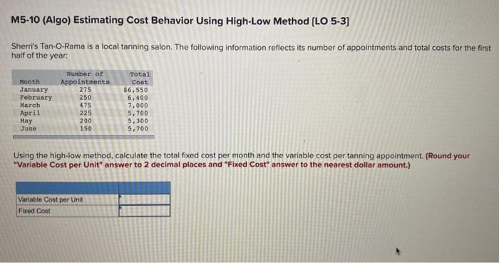  M5-10 (Algo) Estimating Cost Behavior Using High-Low Method [LO 5-3] Sherri's