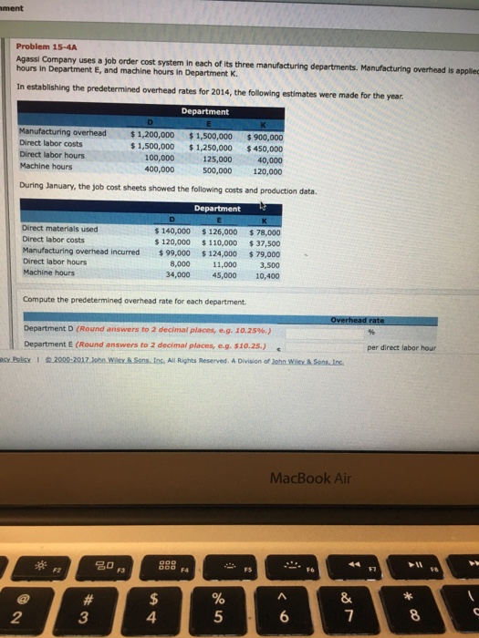  Problem 15-4A Agassi company uses a job order cost system in